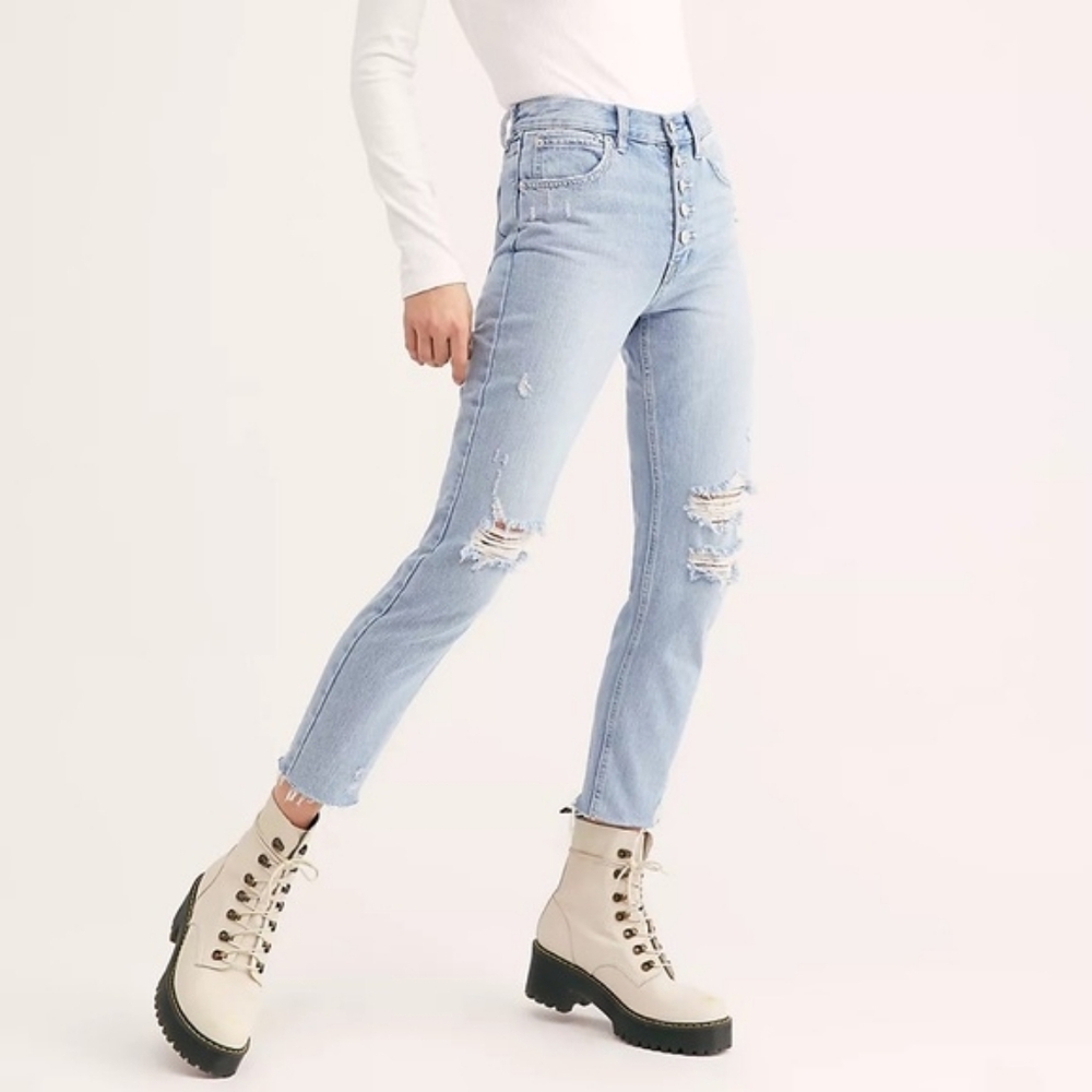 Free People Light Blue Blossom Distressed High Rise Button Fly Skinny Jeans